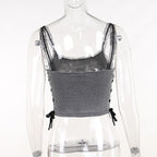 Lace hem backless lace up butterfly pattern contrast crop top