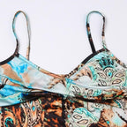 Abstract Print Ruched Contrast V Neck Backless Cami Crop Top
