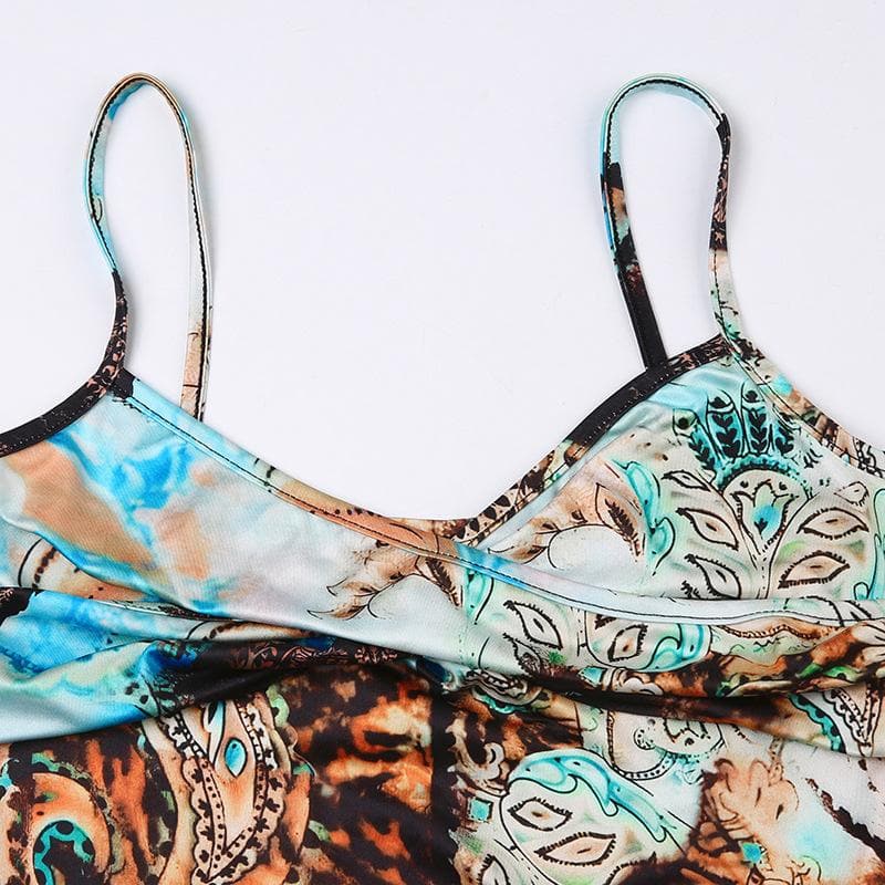 Abstract Print Ruched Contrast V Neck Backless Cami Crop Top