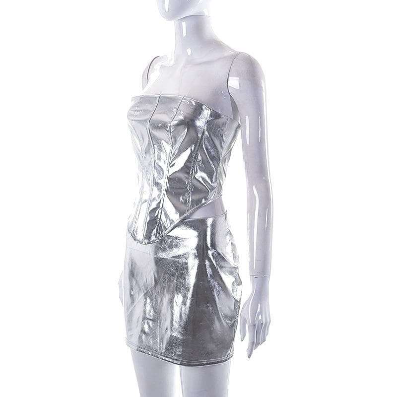 Metallic backless zip-up corset tube mini skirt set