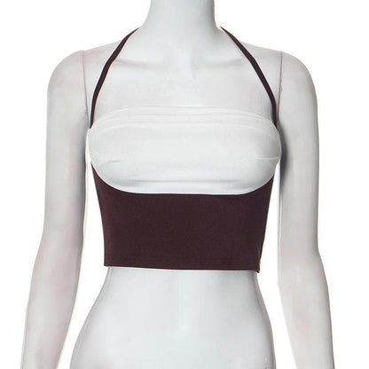 Top corto con schiena scoperta e lacci a contrasto con patchwork 