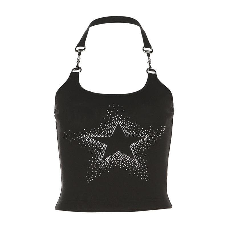 Halter metal chain backless u neck star beaded crop top