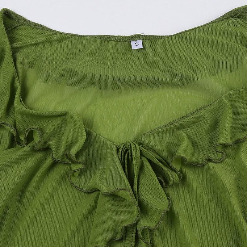 Sheer mesh see through ruffle flared sleeve solid slit top