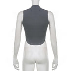 Contrast zip-up high neck sleeveless metal tag top