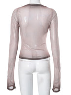 Sheer mesh see through long sleeve gradient abstract crewneck top