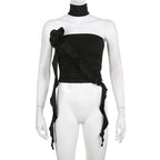 Solid flower applique ruffle ribbon ruched tube crop top