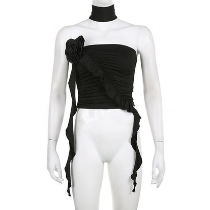 Solid flower applique ruffle ribbon ruched tube crop top