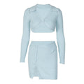 Button knitted solid long sleeve turnover collar mini skirt set