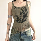 Irregular tassels sleeveless zip-up contrast print top
