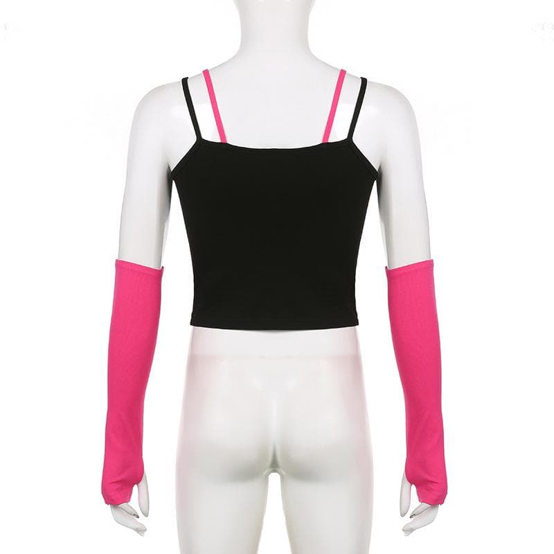 Abstract Patchwork Notch Neck Gloves Contrast Crop Top