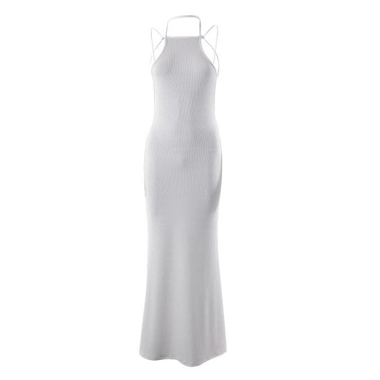 Ribbed halter self tie solid backless sleeveless maxi dress