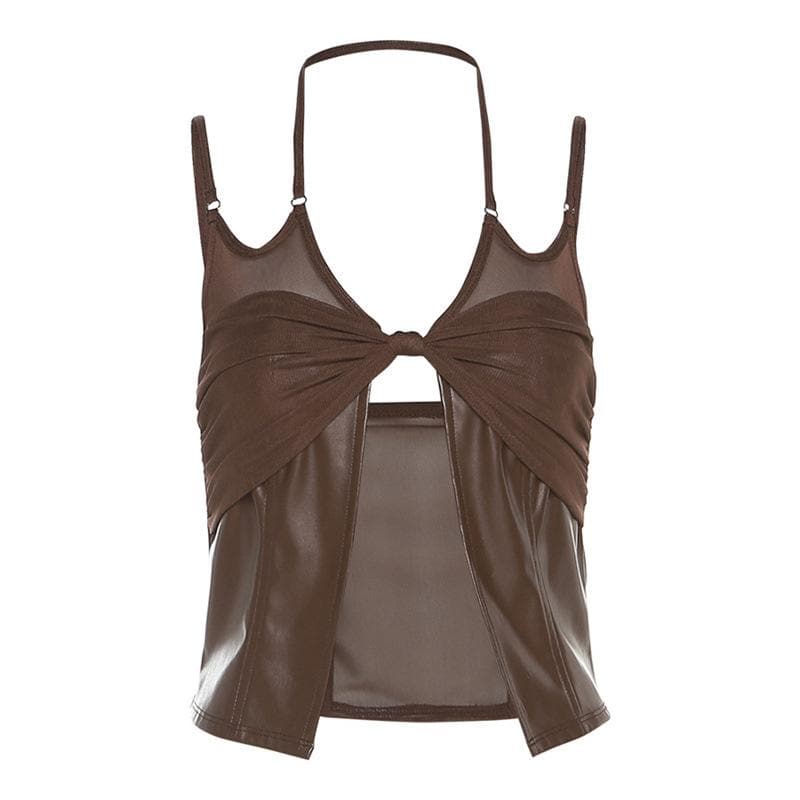 Mesh knotted PU leather patchwork halter solid v neck crop top