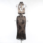 Completo gonna midi con scollo a V e schiena scoperta in pizzo con allacciatura all'americana 