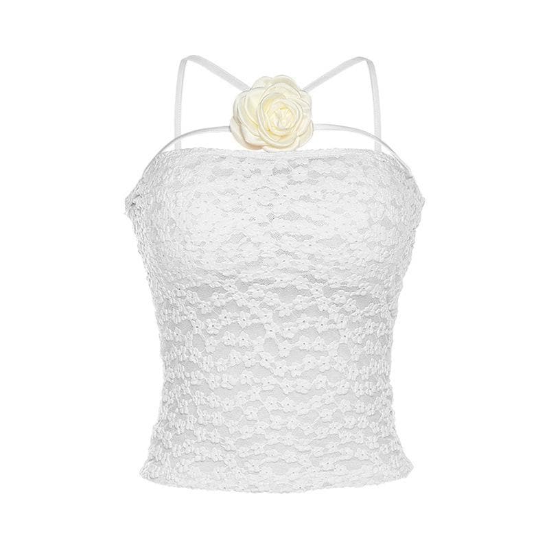 Lace flower applique solid sleeveless backless top