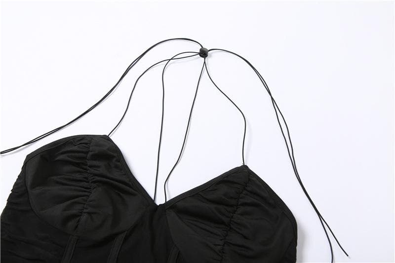 Mesh patchwork bustier gloves halter backless ruched crop top