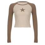 Star patchwork contrast ribbed crewneck long sleeve top