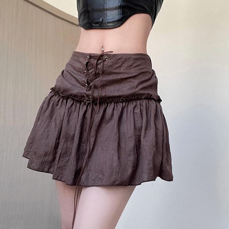 Ruffle lace up ruched self tie solid A line mini skirt