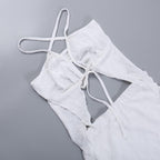 Textured solid cross back self tie backless v neck mini skirt set