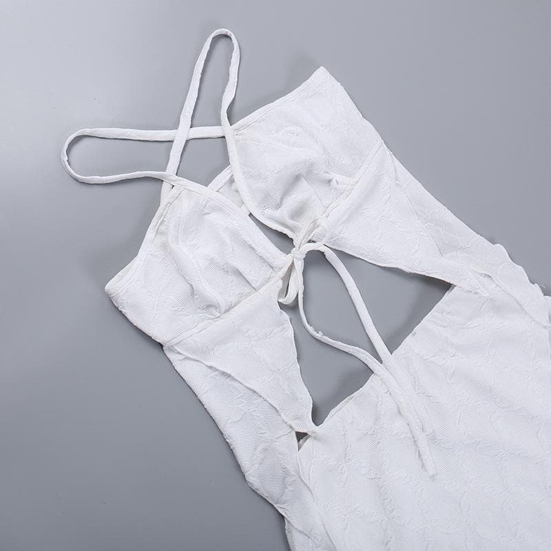 Textured solid cross back self tie backless v neck mini skirt set