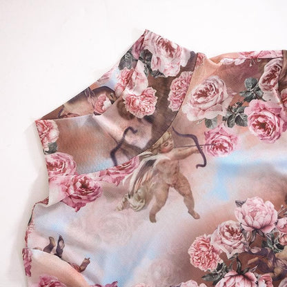 Flower print long sleeve slit sheer mesh see through high neck mini dress