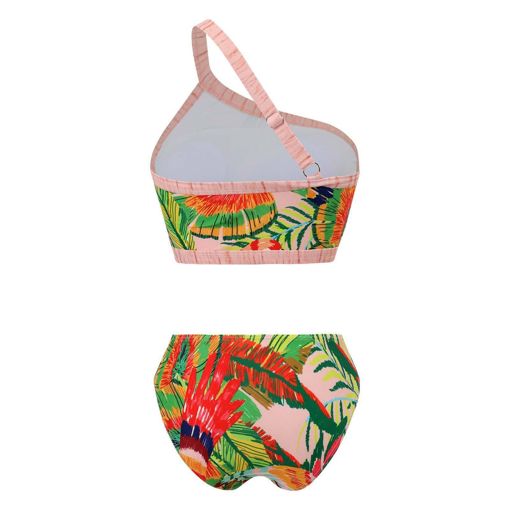 Costume da bagno bikini monospalla con stampa a foglie e schiena scoperta a contrasto