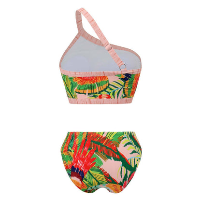 One shoulder leaf print backless contrast bikini swimwear
