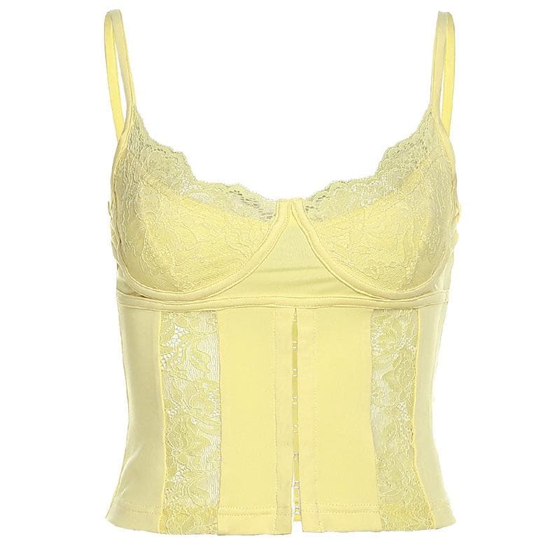 Top corto in pizzo tinta unita con scollo a U e bottoni 