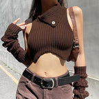 Knitted button turnover collar sleeveless gloves crop top - Final Sale