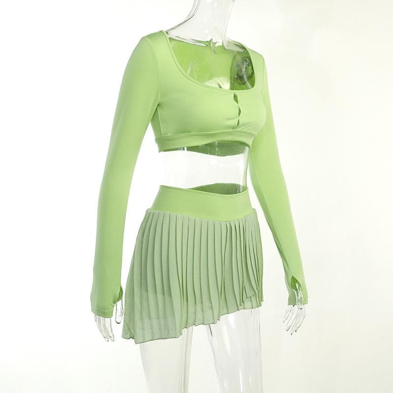 Hollow out solid gloves pleated long sleeve mini skirt set - Final Sale