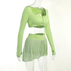 Hollow out solid gloves pleated long sleeve mini skirt set - Final Sale