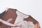 Completo gonna lunga a maniche lunghe con stampa astratta a contrasto in rete trasparente 