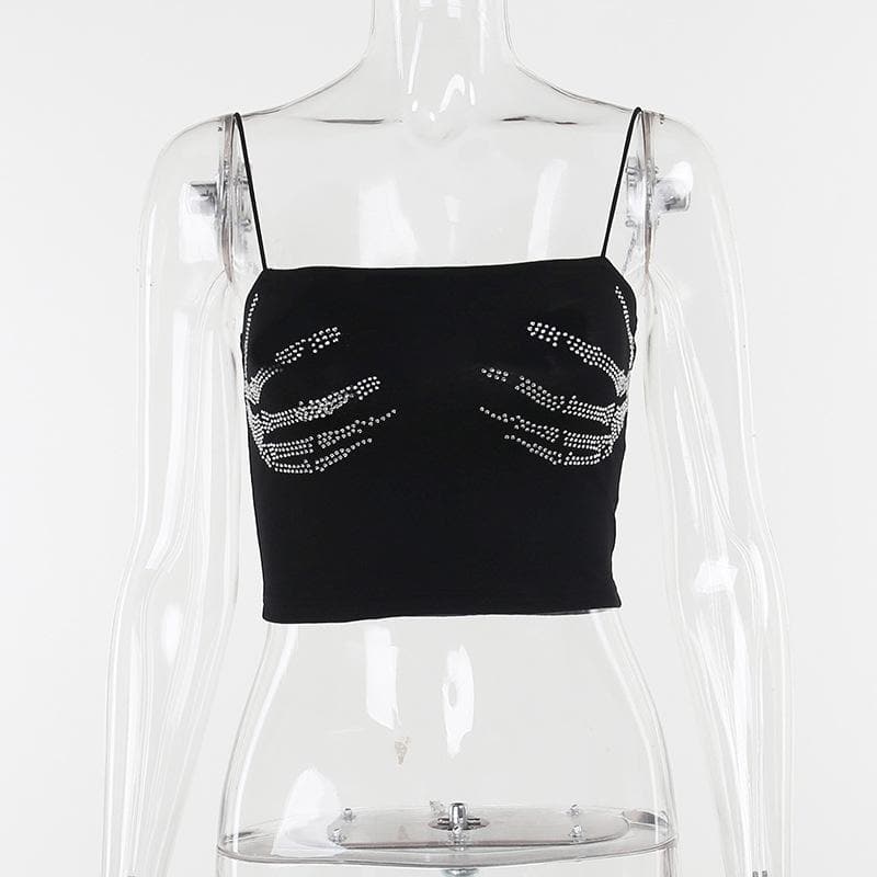 Beaded square neck backless palm pattern crop top