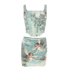 Square neck corset abstract print sleeveless backless mini skirt set