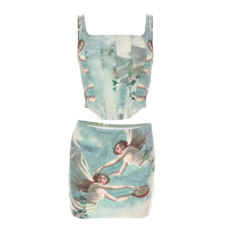 Square neck corset abstract print sleeveless backless mini skirt set