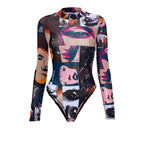 Sheer mesh see through abstract print long sleeve contrast bodysuit