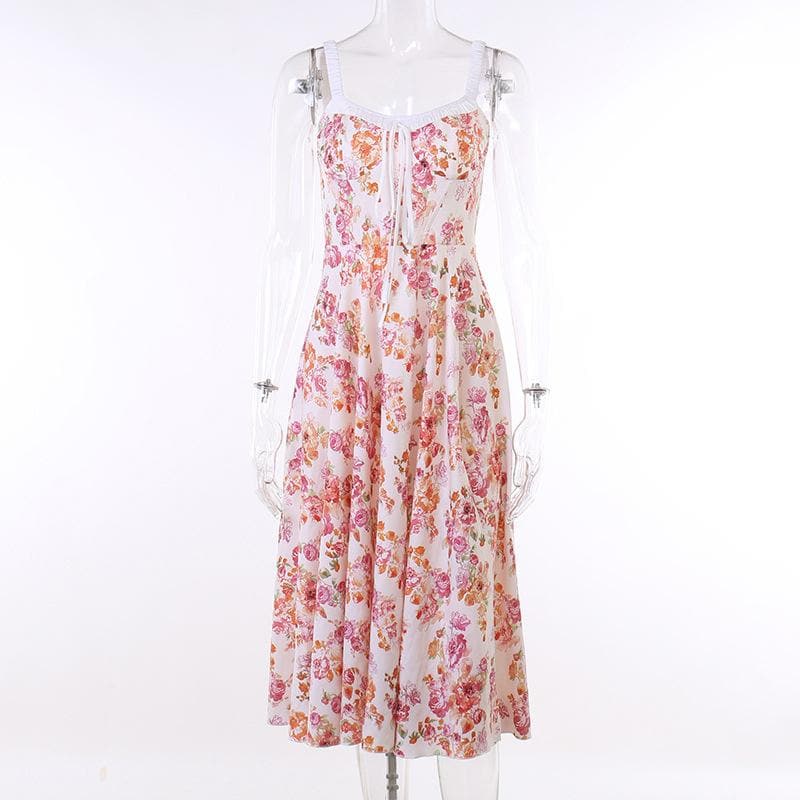 Ärmelloses Midikleid mit Blumenmuster, Rüschen und Selbstschnürung, kontrastierendem Schlitz und Reißverschluss