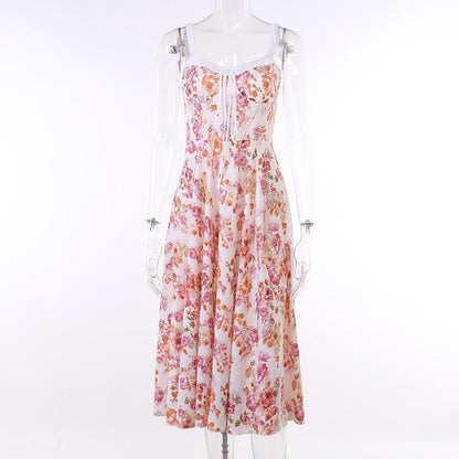 Ärmelloses Midikleid mit Blumenmuster, Rüschen und Selbstschnürung, kontrastierendem Schlitz und Reißverschluss