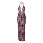 Backless hollow out halter self tie contrast print maxi dress