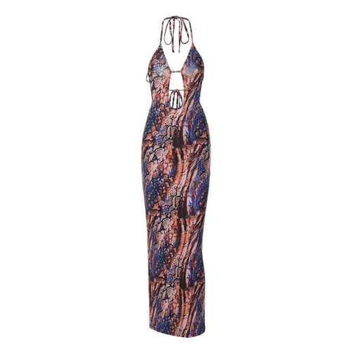 Backless hollow out halter self tie contrast print maxi dress