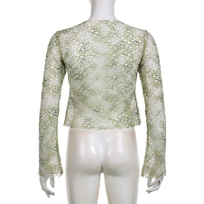 Tie dye see through fishnet hollow out long sleeve top