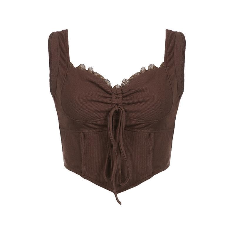 Top corto senza maniche con scollo a V, coulisse e orlo in pizzo 