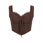 Top corto senza maniche con scollo a V, coulisse e orlo in pizzo 