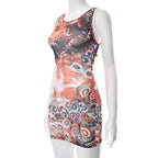 Abstract Sleeveless Sheer Mesh See Through Contrast Mini Dress