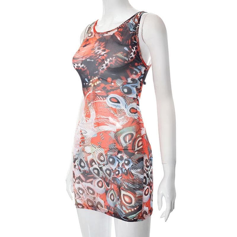 Abstract Sleeveless Sheer Mesh See Through Contrast Mini Dress