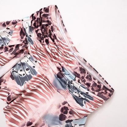 Leopard print contrast halter backless ruched ruffle v neck mini skirt set