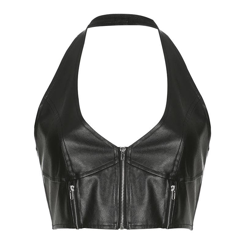 PU leather halter v neck zip-up solid backless crop top - Final Sale