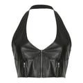 PU leather halter v neck zip-up solid backless crop top - Final Sale