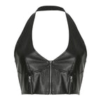 PU leather halter v neck zip-up solid backless crop top - Final Sale