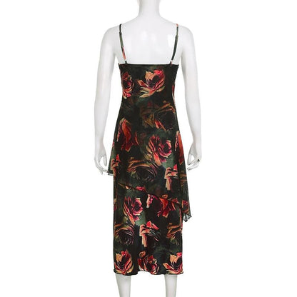 Rückenfreies, unregelmäßiges Camisole-Midikleid mit Blumenmuster und Kontrastraffung 