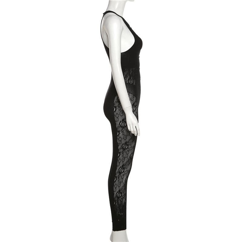 Ärmelloser Jumpsuit aus einfarbigem Fischnetz mit Rundhalsausschnitt und ausgehöhlter Spitze
